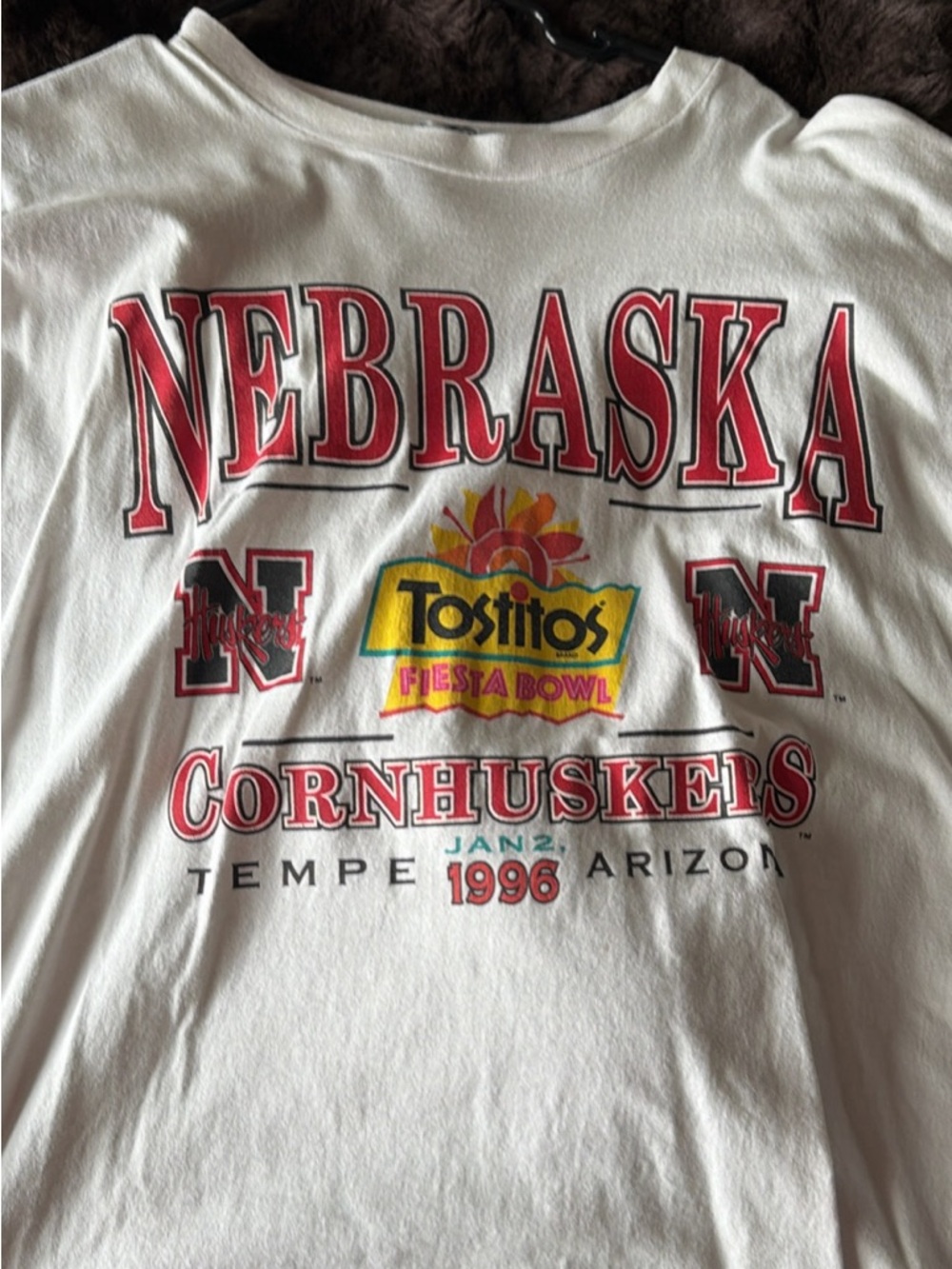 Vintage Nebraska Cornhuskers 1996 Fiesta Bowl Tostitos Logo Tee - White with Red